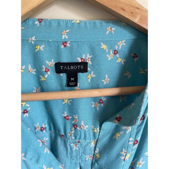 Talbots Size Medium Turquoise Teal Blue Ditsy Floral Popover Top 100% Cotton - Picture 3 of 6